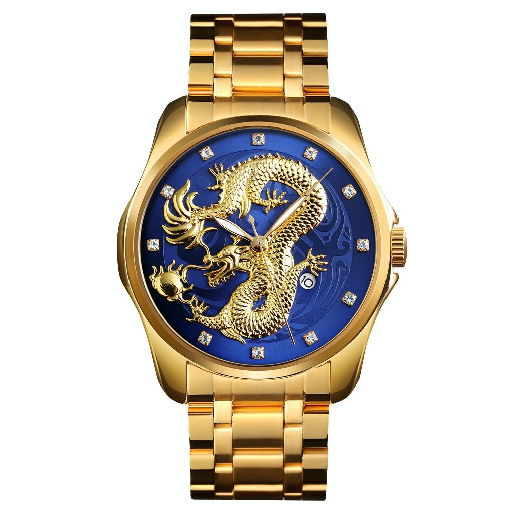 Men Golden Dragon Calendar Dial Quartz Watch with Luminous Hands - Silver Black
