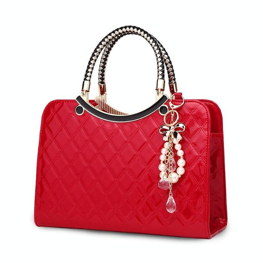 Diamond Pattern Leather Handbag with Hanging Ornaments - Women - Red