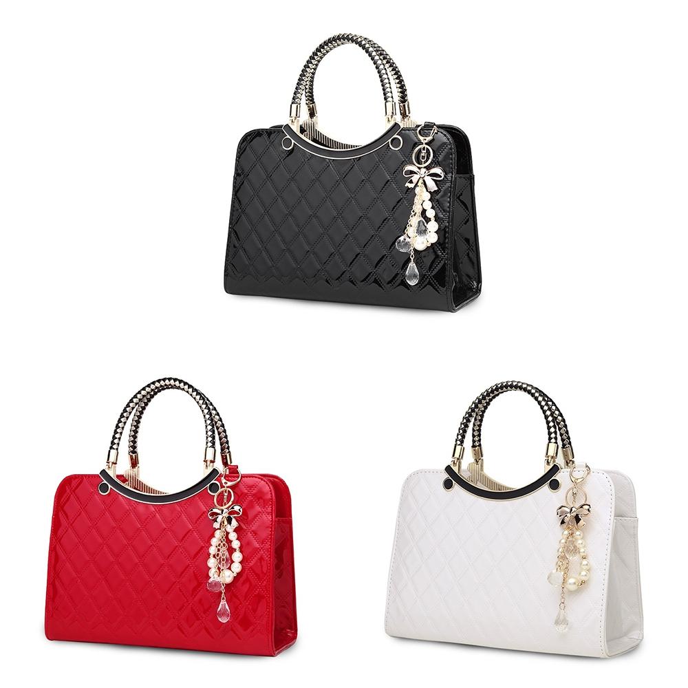 Diamond Pattern Leather Handbag with Hanging Ornaments - Women - Red