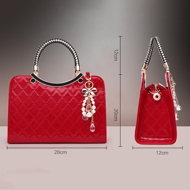 Diamond Pattern Leather Handbag with Hanging Ornaments - Women - Red