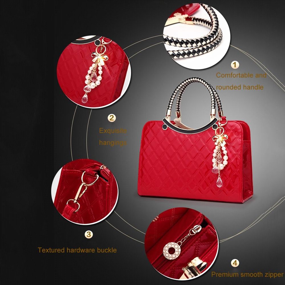 Diamond Pattern Leather Handbag with Hanging Ornaments - Women - Red