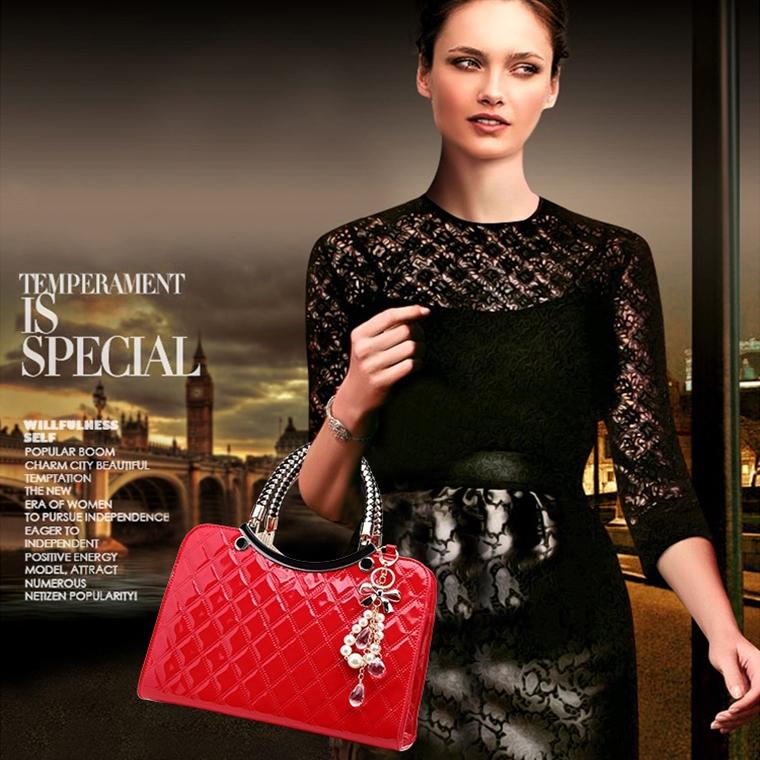 Diamond Pattern Leather Handbag with Hanging Ornaments - Women - Red