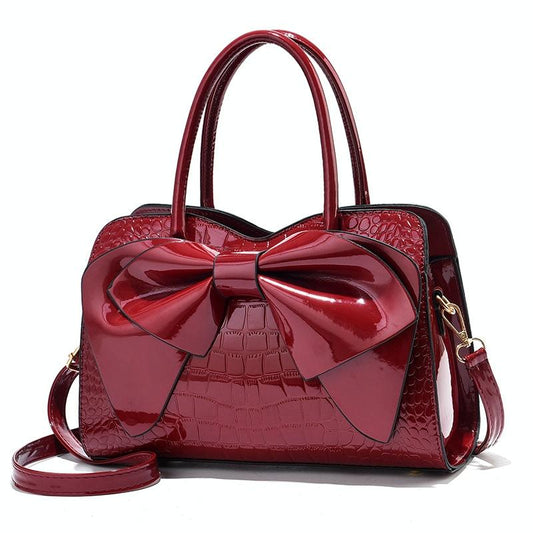 Leather Ladies Handbag - Bright Bow Design - Red Wine