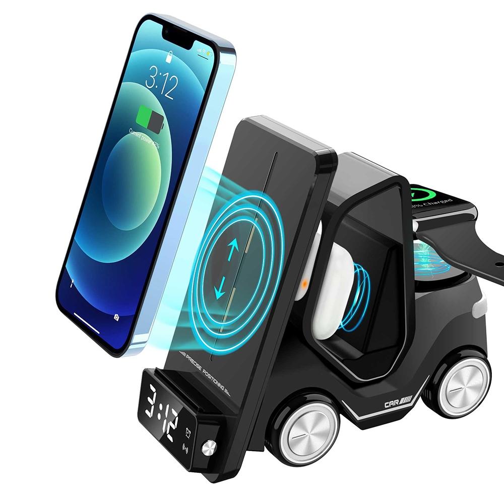 5 In 1 Car Desktop Alarm Clock With Wireless Charging - Gray