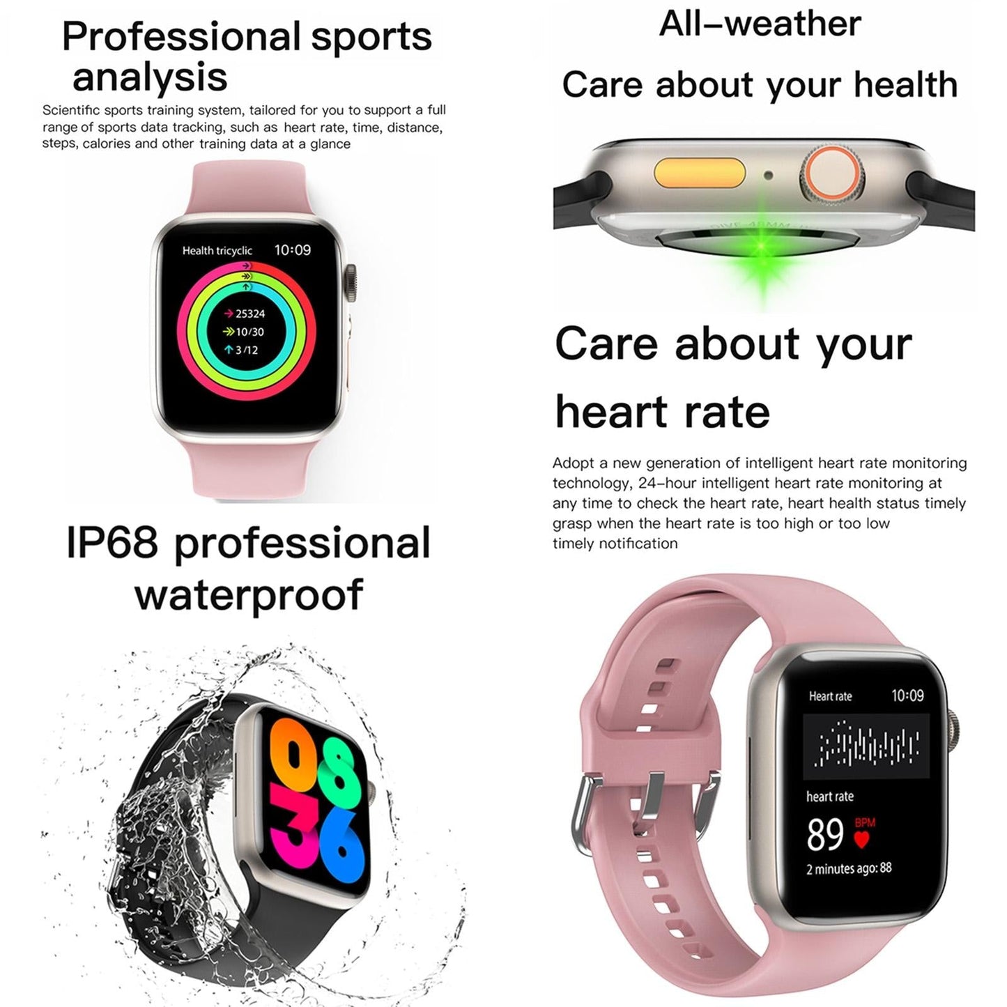 2.01 Inch Waterproof Smart Watch Bt Call / Heart Rate / Blood Pressure / Blood Oxygen - Pink Gold