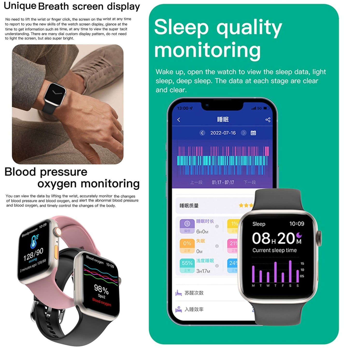 2.01 Inch Waterproof Smart Watch Bt Call / Heart Rate / Blood Pressure / Blood Oxygen - Pink Gold