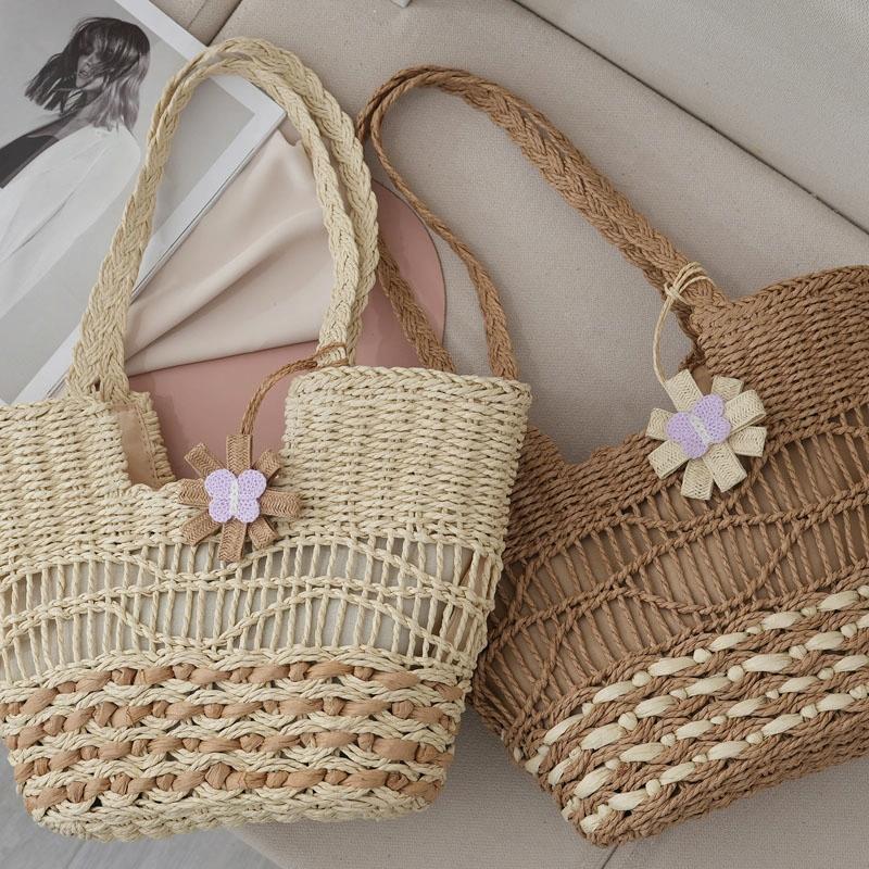 Large Capacity Straw Tote Bag with Hollow Wave Design and Lining - Beige