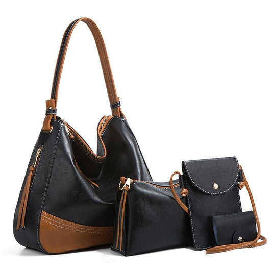 Large Capacity Diagonal Handbags - 4 in 1 Colour Block Leather Bags - Black