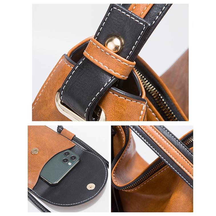 Large Capacity Diagonal Handbags - 4 in 1 Colour Block Leather Bags - Black