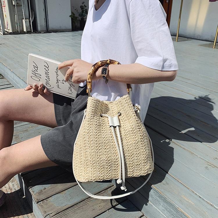 Handwoven Bamboo Bucket Bag - Shoulder / Messenger Style - Khaki