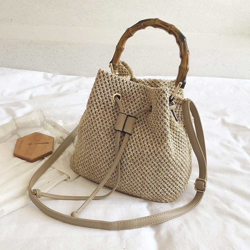 Handwoven Bamboo Bucket Bag - Shoulder / Messenger Style - Khaki