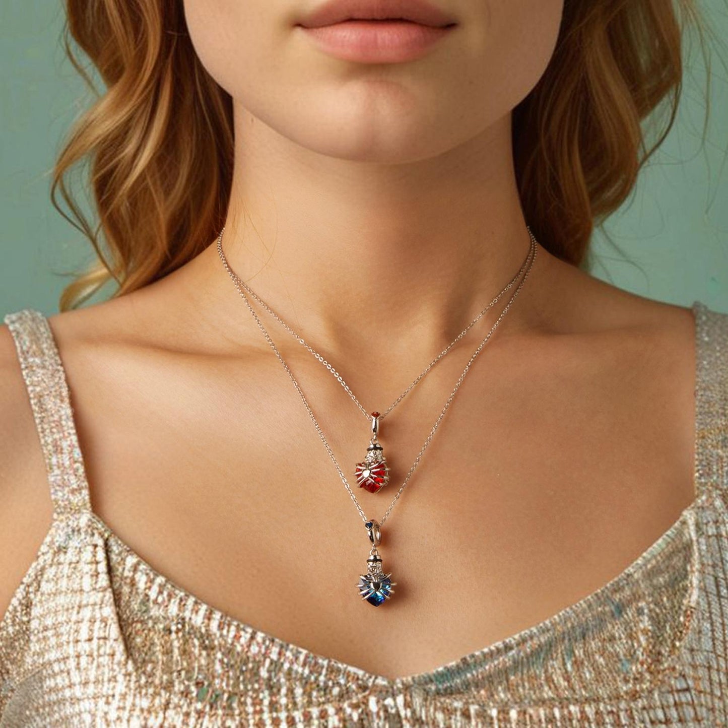 925 Sterling Silver Heart Pendant With Beaded Detail - Red