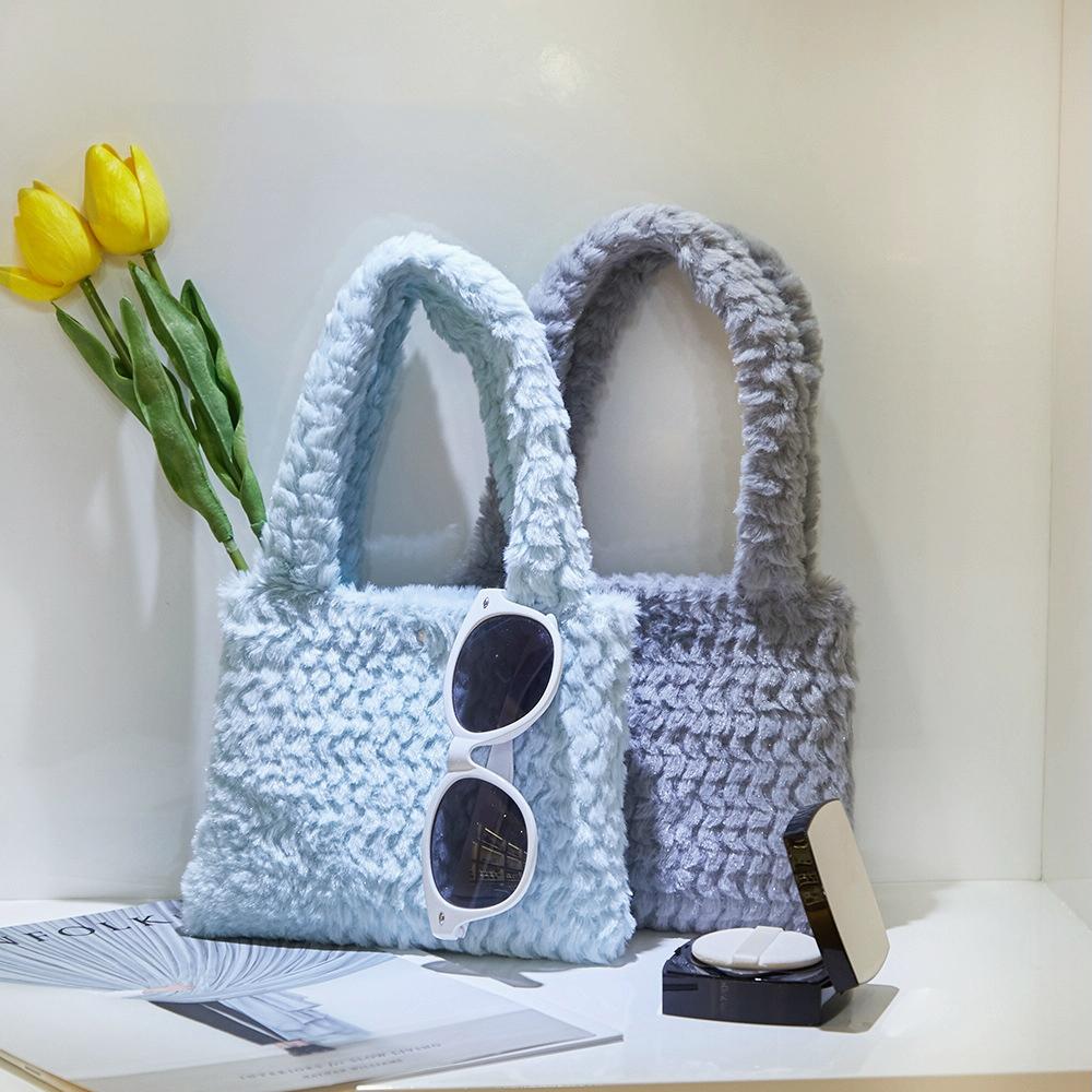 Small Plaid Handbag in Plush Material - Sky Blue