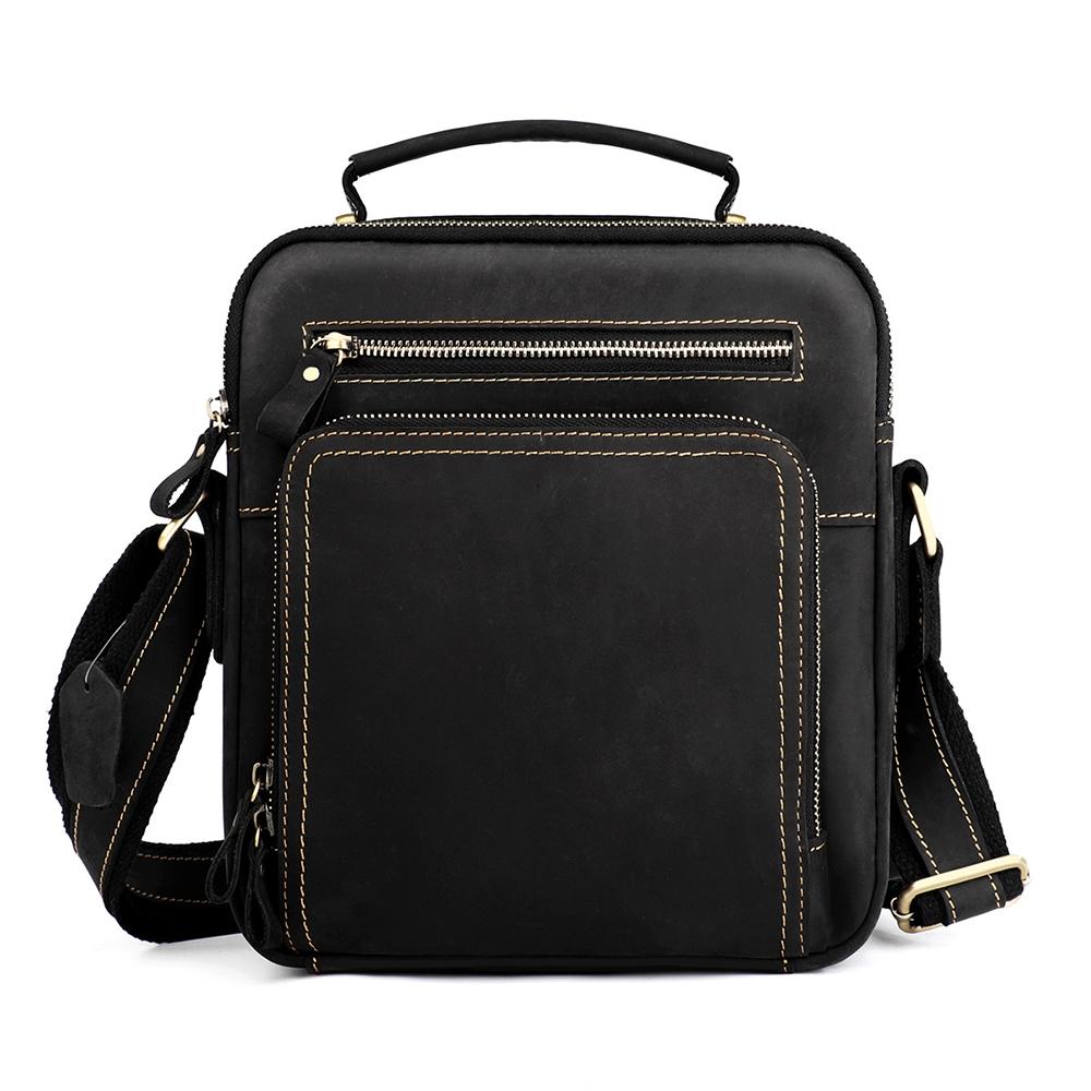 Men Crazy Horse Leather Crossbody Bag Durable & Stylish - Black