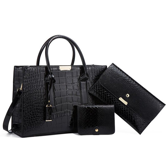 Stylish 3-in-1 Snakeskin Diagonal Handbag - Fashionable and Versatile - Black