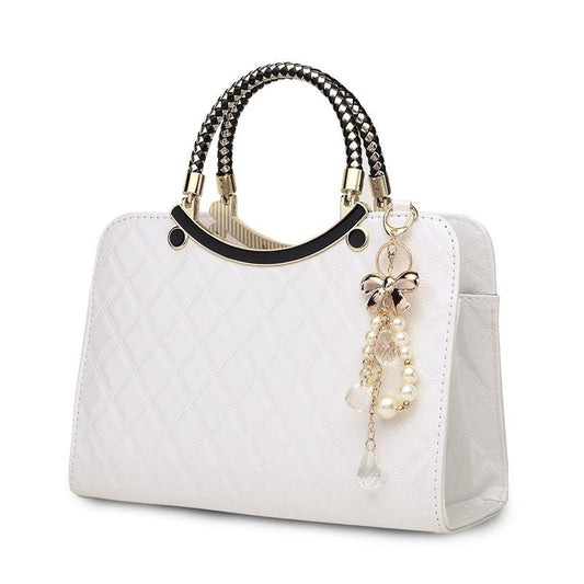 Diamond Pattern Leather Handbag with Hanging Ornaments - Women - White