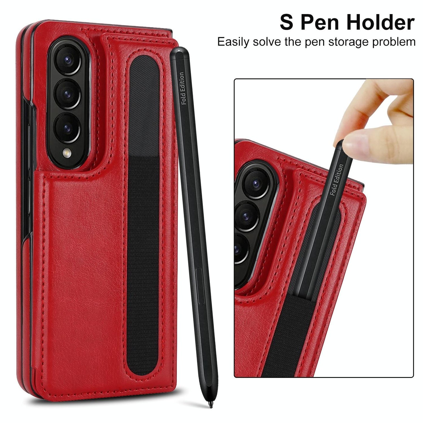 Double Buckle Foldable Phone Case with Pen Slot - Red