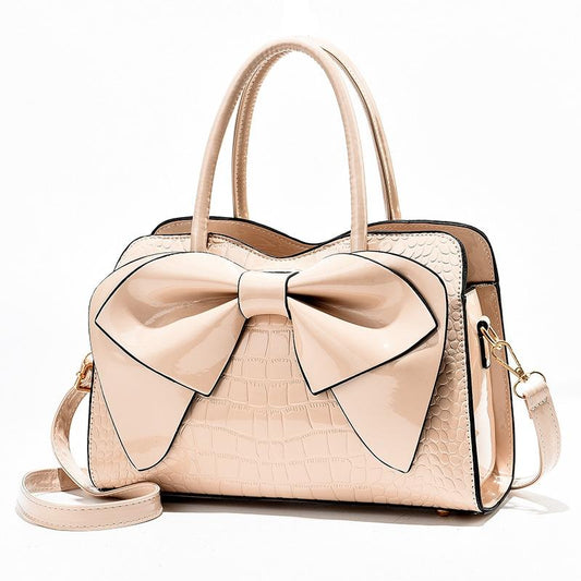 Leather Ladies Handbag - Bright Bow Design - Khaki