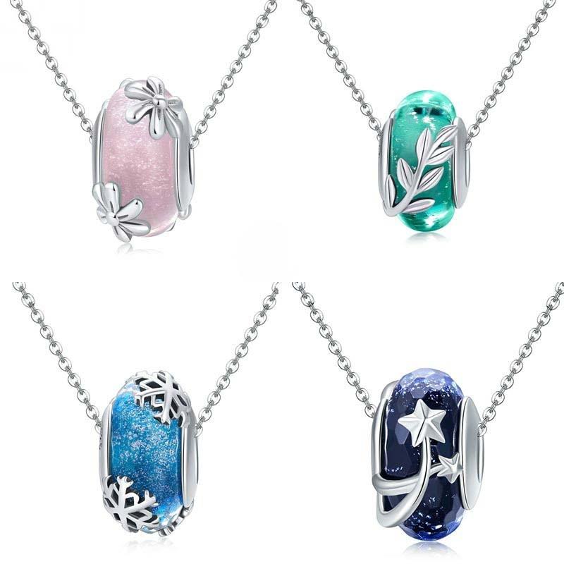 925 Sterling Silver Seasonal Glass Bead Bracelet Charms - Light Blue