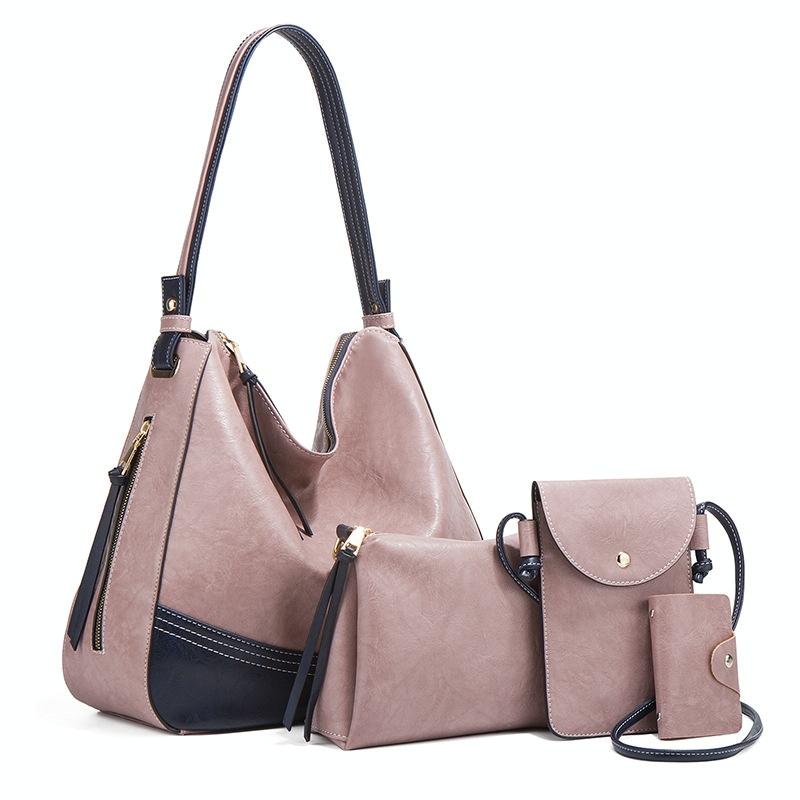 Large Capacity Diagonal Handbags - 4 in 1 Colour Block Leather Bags - Dark Grey