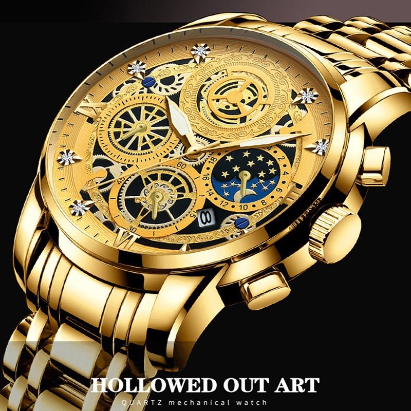 Waterproof Luminous Quartz Watch with Multifunctional Design - Black Steel Black Surface