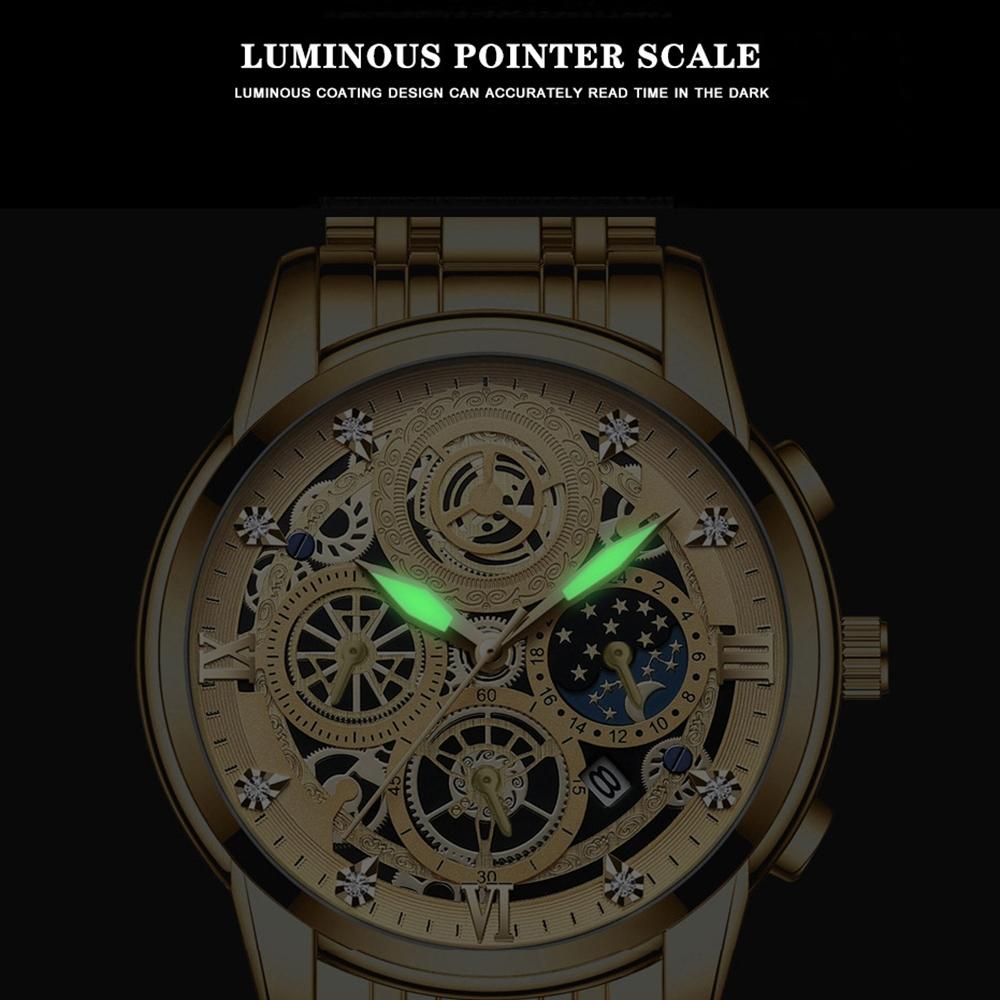 Waterproof Luminous Quartz Watch with Multifunctional Design - Black Steel Black Surface