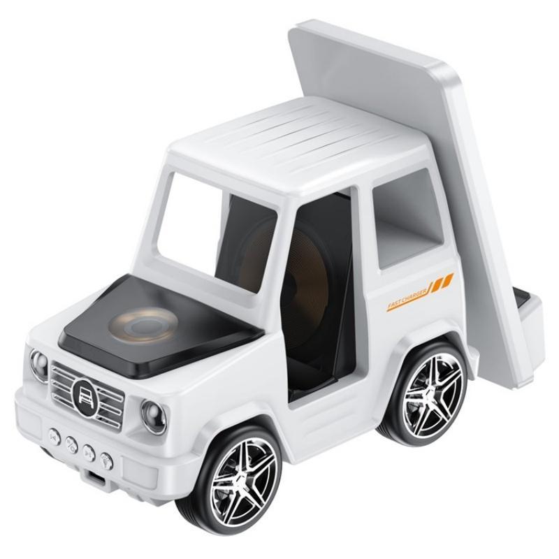 6 In 1 Car Shape Speaker With Clock & Wireless Charger - White
