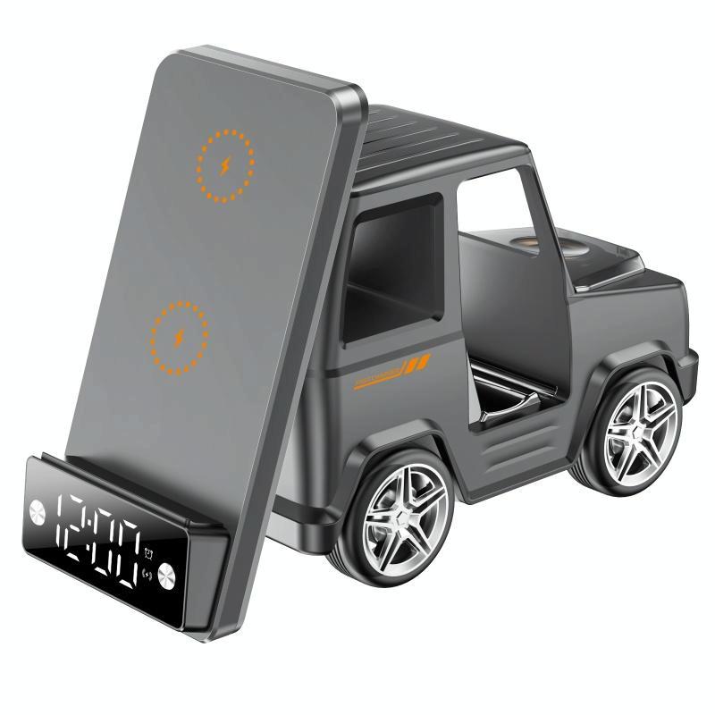 6 In 1 Car Shape Speaker With Clock & Wireless Charger - White