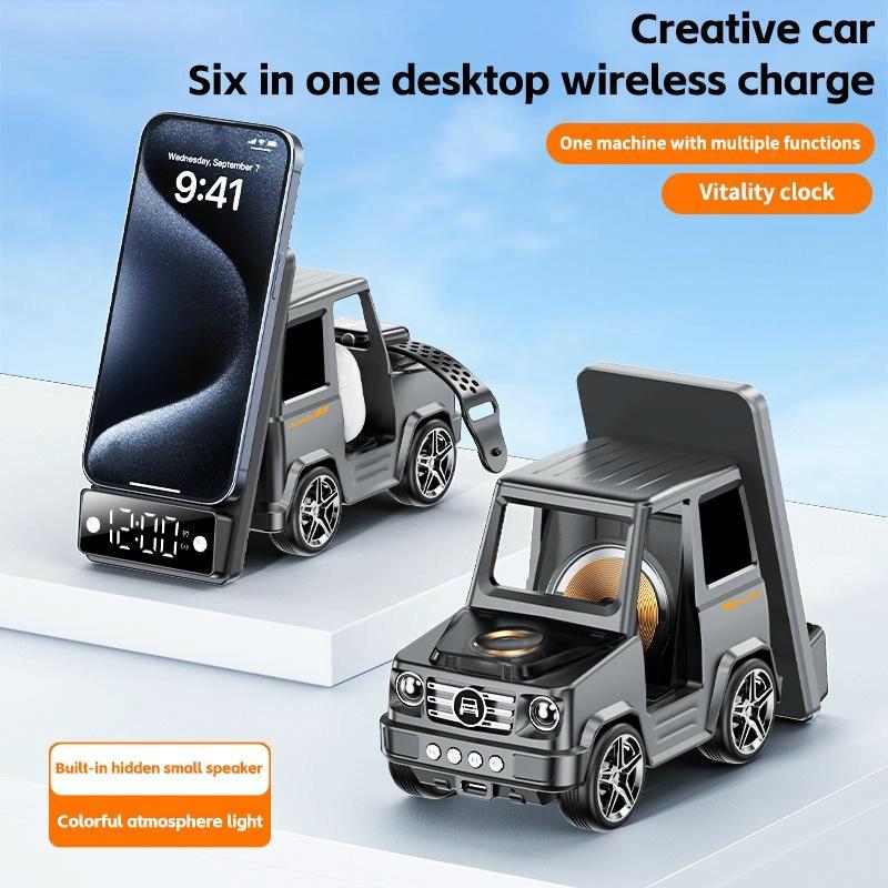 6 In 1 Car Shape Speaker With Clock & Wireless Charger - White