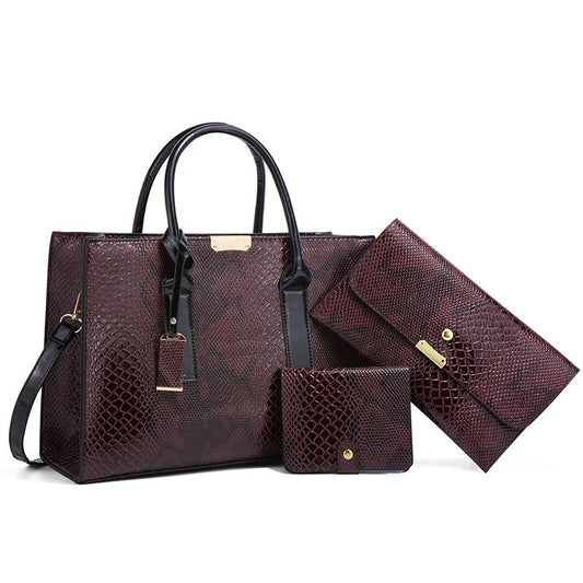 Stylish 3-in-1 Snakeskin Diagonal Handbag - Fashionable and Versatile - Brown