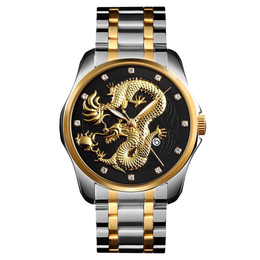 Men Golden Dragon Calendar Dial Quartz Watch with Luminous Hands - Gold Blue