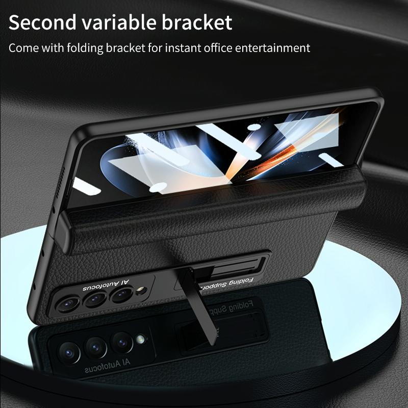 Leather Phone Case with Foldable Hinge and Holder - Carbon Fibre Black