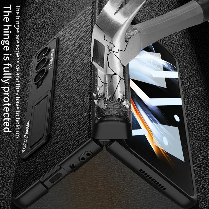 Leather Phone Case with Foldable Hinge and Holder - Carbon Fibre Black
