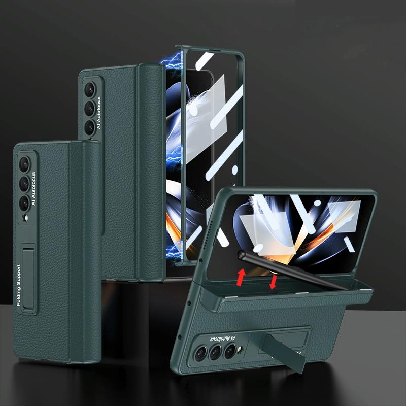 Leather Phone Case with Foldable Hinge and Holder - Carbon Fibre Black