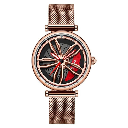Women Quartz Watch with 3d Hollow out Wheel Design - Silver Red