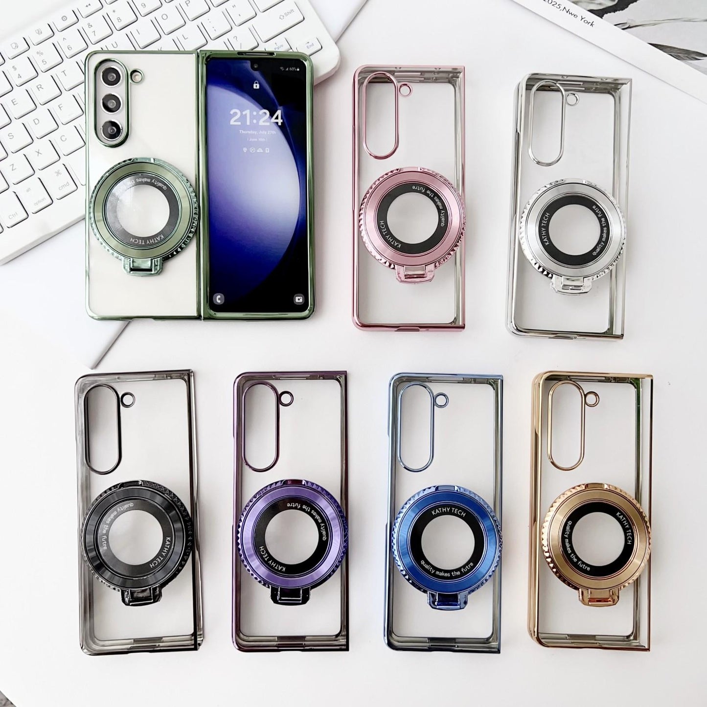 For Samsung Galaxy z Fold4 5G Shockproof Magsafe Holder for Rotating Plating Phone Case - Green