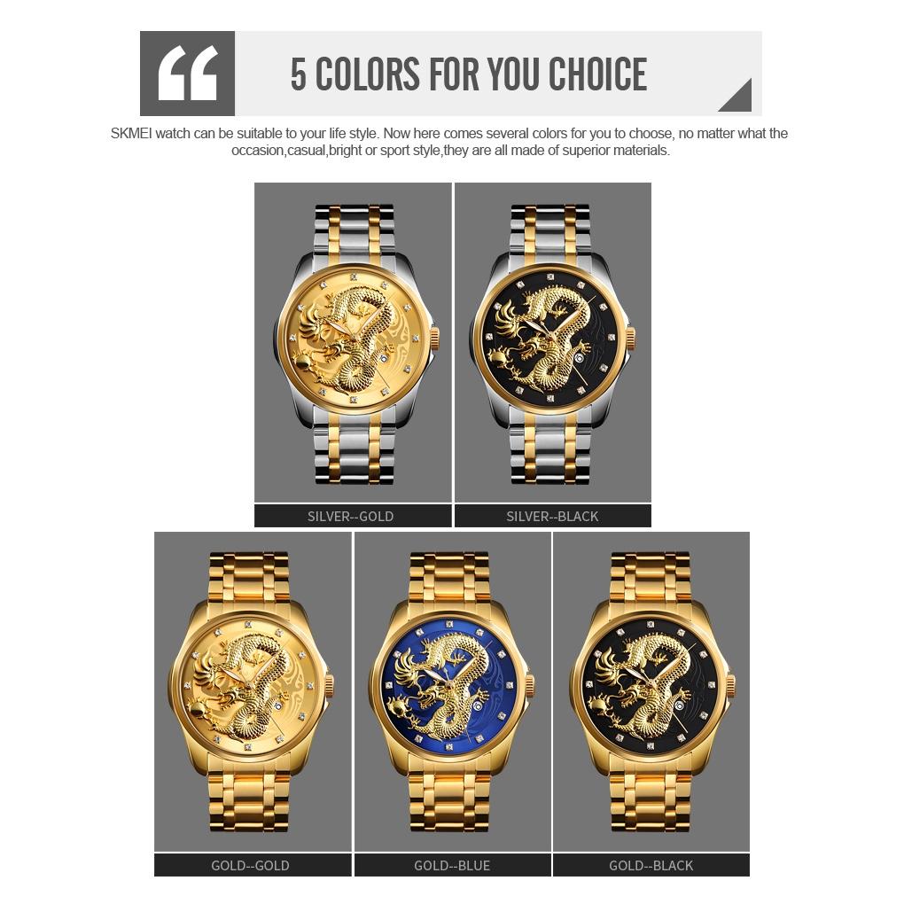 Men Golden Dragon Calendar Dial Quartz Watch with Luminous Hands - Gold Black