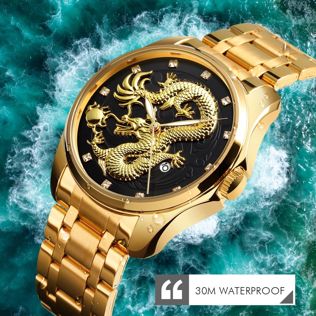 Men Golden Dragon Calendar Dial Quartz Watch with Luminous Hands - Gold Black