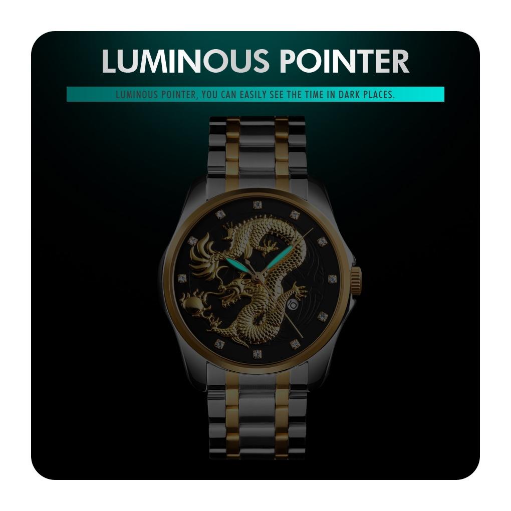 Men Golden Dragon Calendar Dial Quartz Watch with Luminous Hands - Gold Black