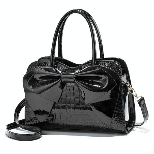 Leather Ladies Handbag - Bright Bow Design - Black