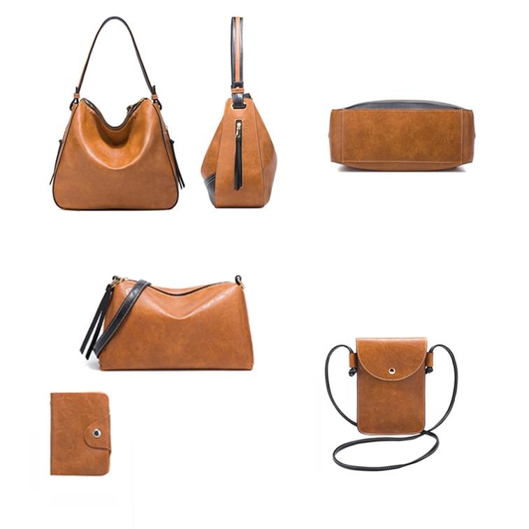Large Capacity Diagonal Handbags - 4 in 1 Colour Block Leather Bags - Brown
