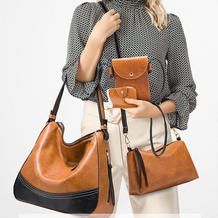 Large Capacity Diagonal Handbags - 4 in 1 Colour Block Leather Bags - Brown