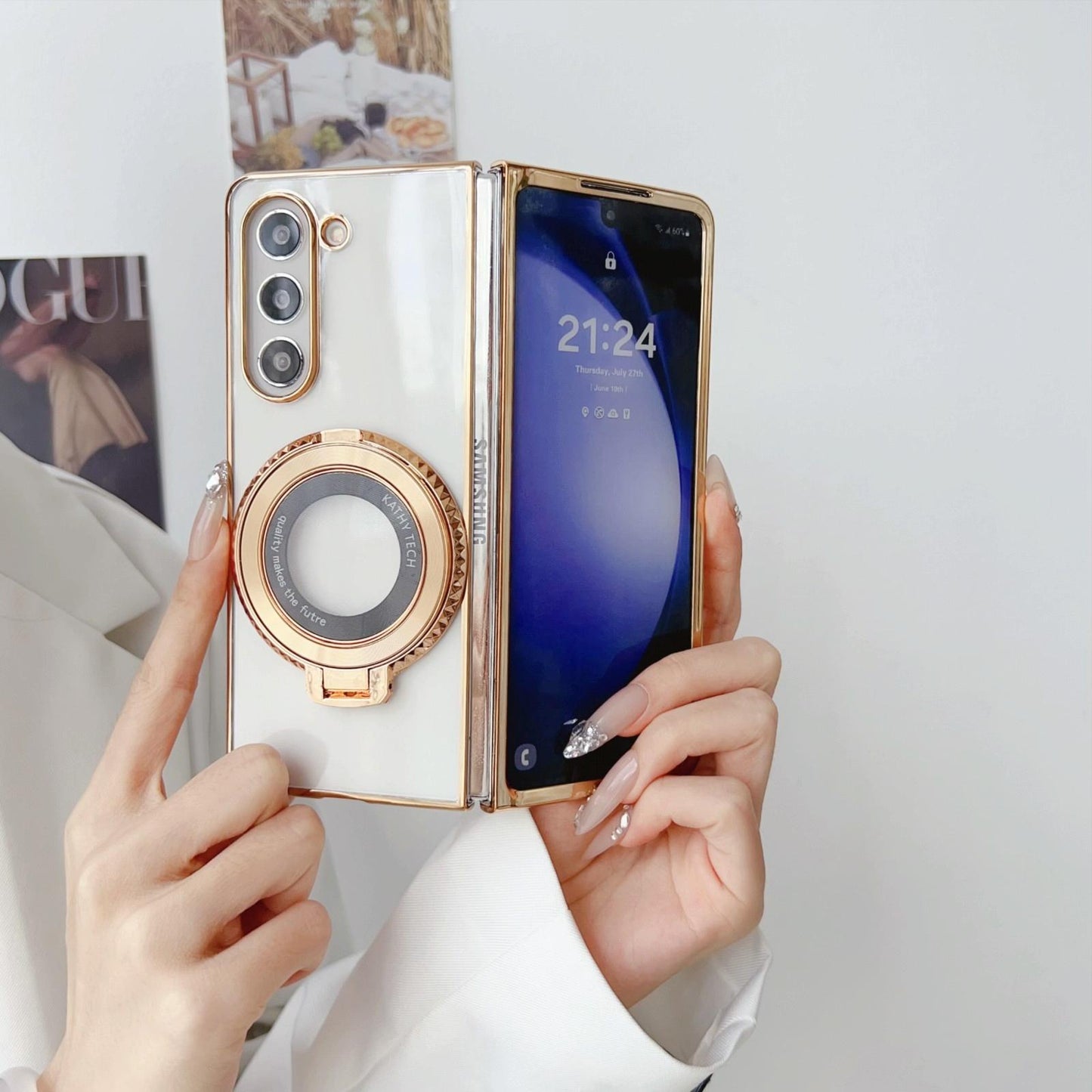 For Samsung Galaxy z Fold4 5G Shockproof Magsafe Holder for Rotating Plating Phone Case - Pink