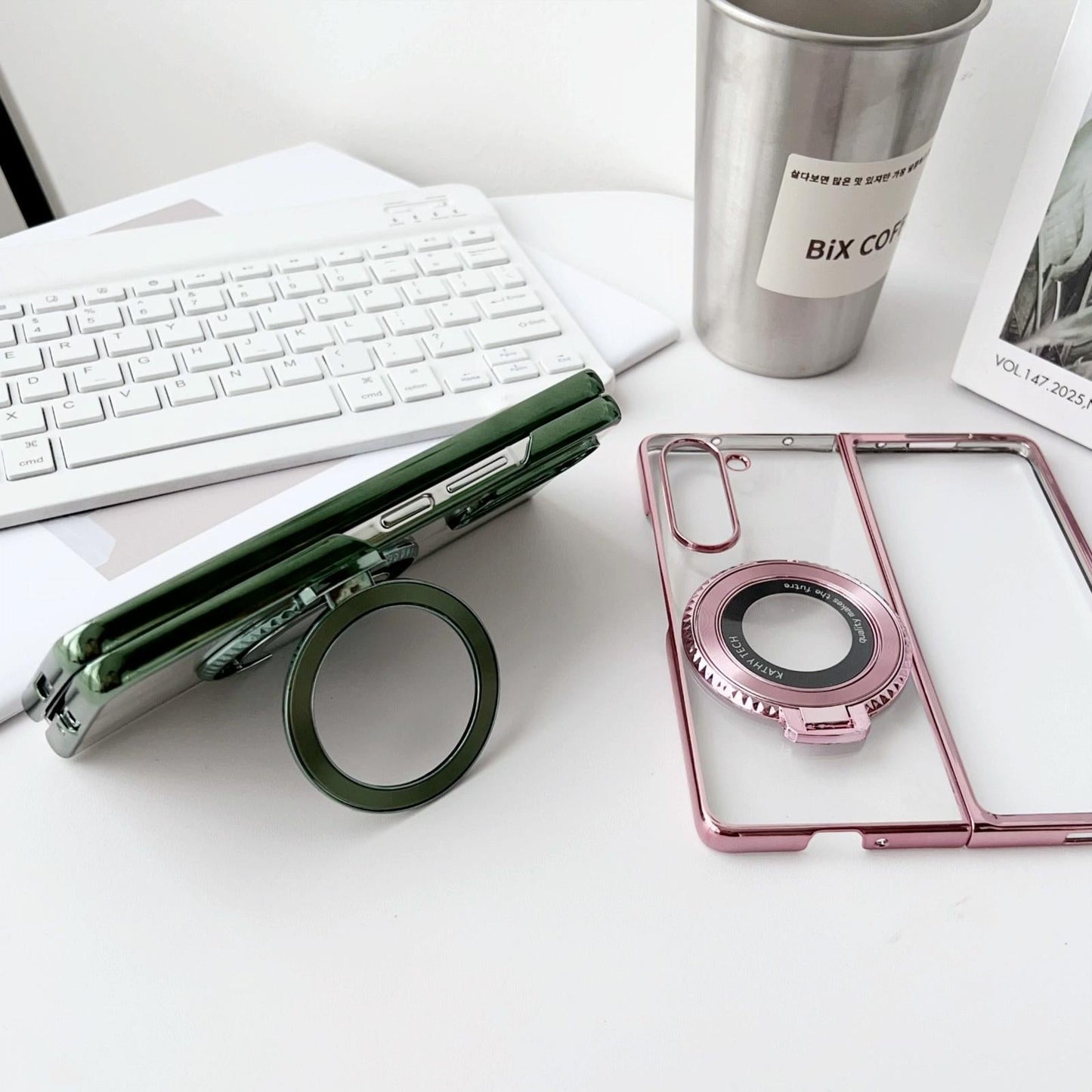 For Samsung Galaxy z Fold4 5G Shockproof Magsafe Holder for Rotating Plating Phone Case - Pink