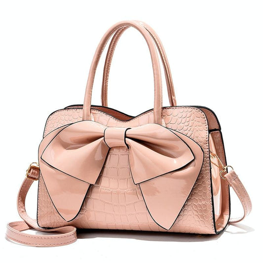 Leather Ladies Handbag - Bright Bow Design - Pink