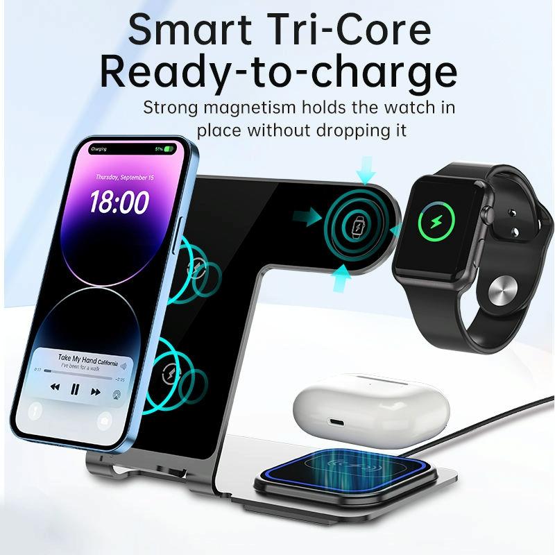 15W 3 In 1 Aluminum Wireless Charger - Silver