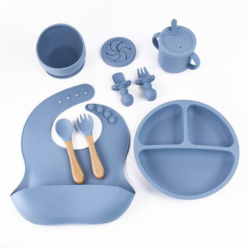 Blue 8-Piece Silicone Children's Tableware Set - BPA-Free Baby Feeding Utensils with Wooden Fork and Spoon, Cup, Bowl, and Bibs - The Grand Bazaar of Australia