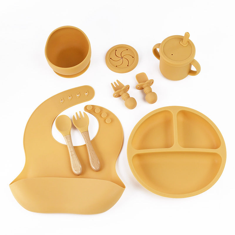 Yellow 8-Piece Silicone Children's Tableware Set - BPA-Free Baby Feeding Utensils with Wooden Fork and Spoon, Cup, Bowl, and Bibs - The Grand Bazaar of Australia