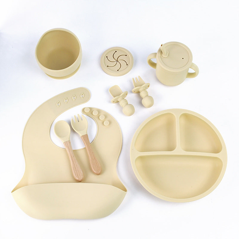 Beige 8-Piece Silicone Children's Tableware Set - BPA-Free Baby Feeding Utensils with Wooden Fork and Spoon, Cup, Bowl, and Bibs - The Grand Bazaar of Australia