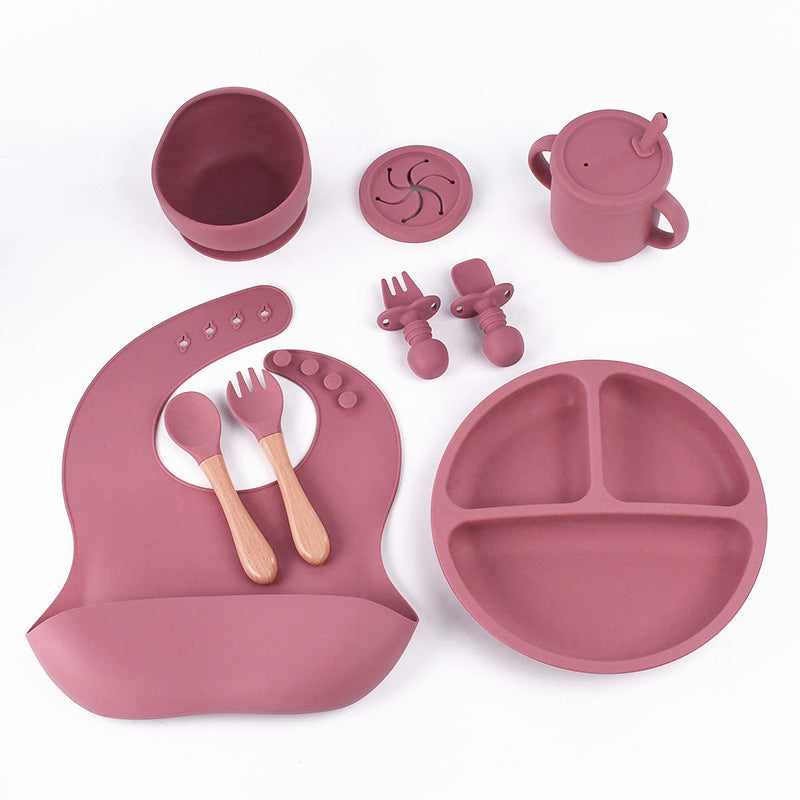 Rose Red 8-Piece Silicone Children's Tableware Set - BPA-Free Baby Feeding Utensils with Wooden Fork and Spoon, Cup, Bowl, and Bibs - The Grand Bazaar of Australia